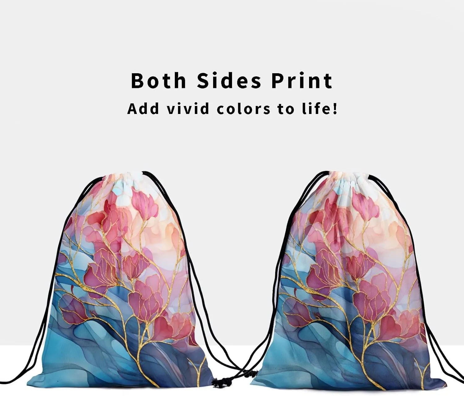 Abstract Floral Drawstring Grip Bags - Pink Teal Gold Flowers Grip Bag Navy Blue Modern Art Drawstring Storage Bags Gym Pouch Shoe Bags Adjustable Towel Bag