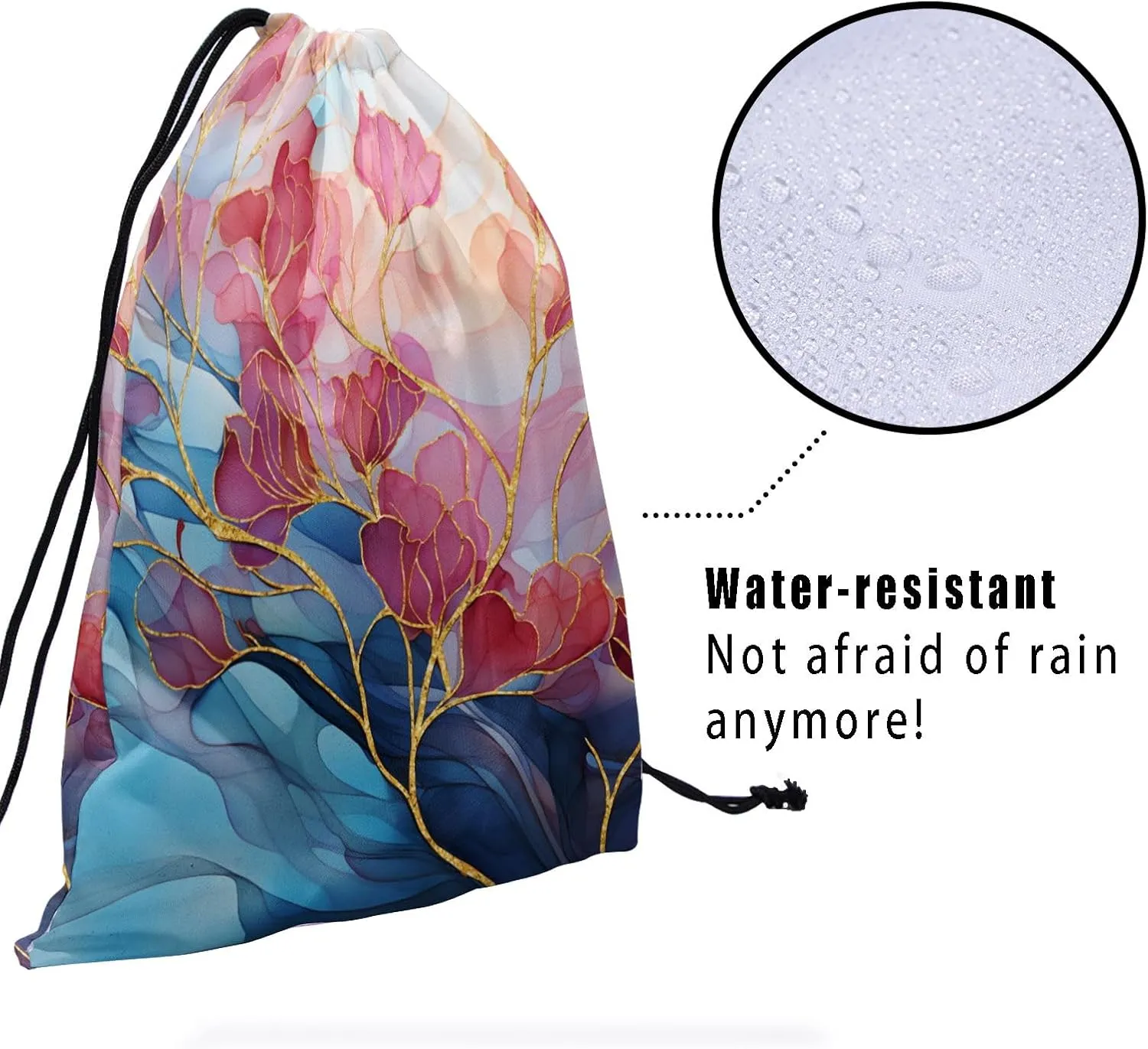Abstract Floral Drawstring Grip Bags - Pink Teal Gold Flowers Grip Bag Navy Blue Modern Art Drawstring Storage Bags Gym Pouch Shoe Bags Adjustable Towel Bag