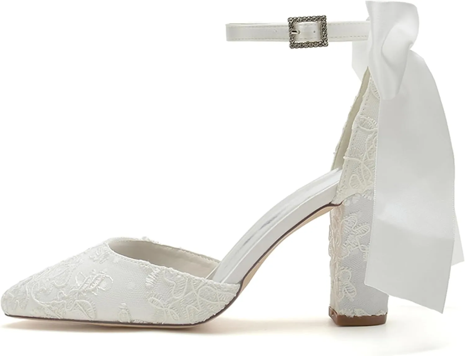 ADMLZQQ Women's High Chunky Heels Lace Pointed Toe Block Ankle Strap Dress Shoe Ladies Pump Wedding Shoes