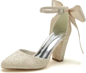 ADMLZQQ Women's High Chunky Heels Lace Pointed Toe Block Ankle Strap Dress Shoe Ladies Pump Wedding Shoes