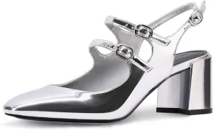 Adrizzlein Women Mary Janes Pumps Round Toe Strappy Chunky Heel Pumps with Adjustable Buckle