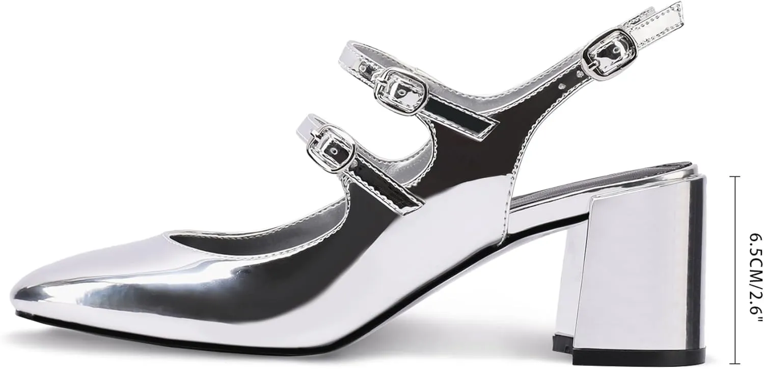 Adrizzlein Women Mary Janes Pumps Round Toe Strappy Chunky Heel Pumps with Adjustable Buckle