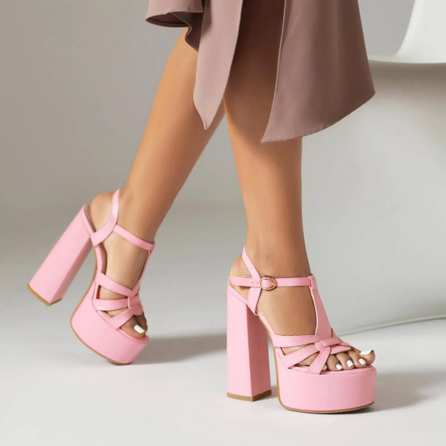 Aflngle Women's T Strap High Heels Sandals Platform Chunky Open Toe Heeled Sandal Sexy Slingback Evening Wedding Dress Pumps Shoes