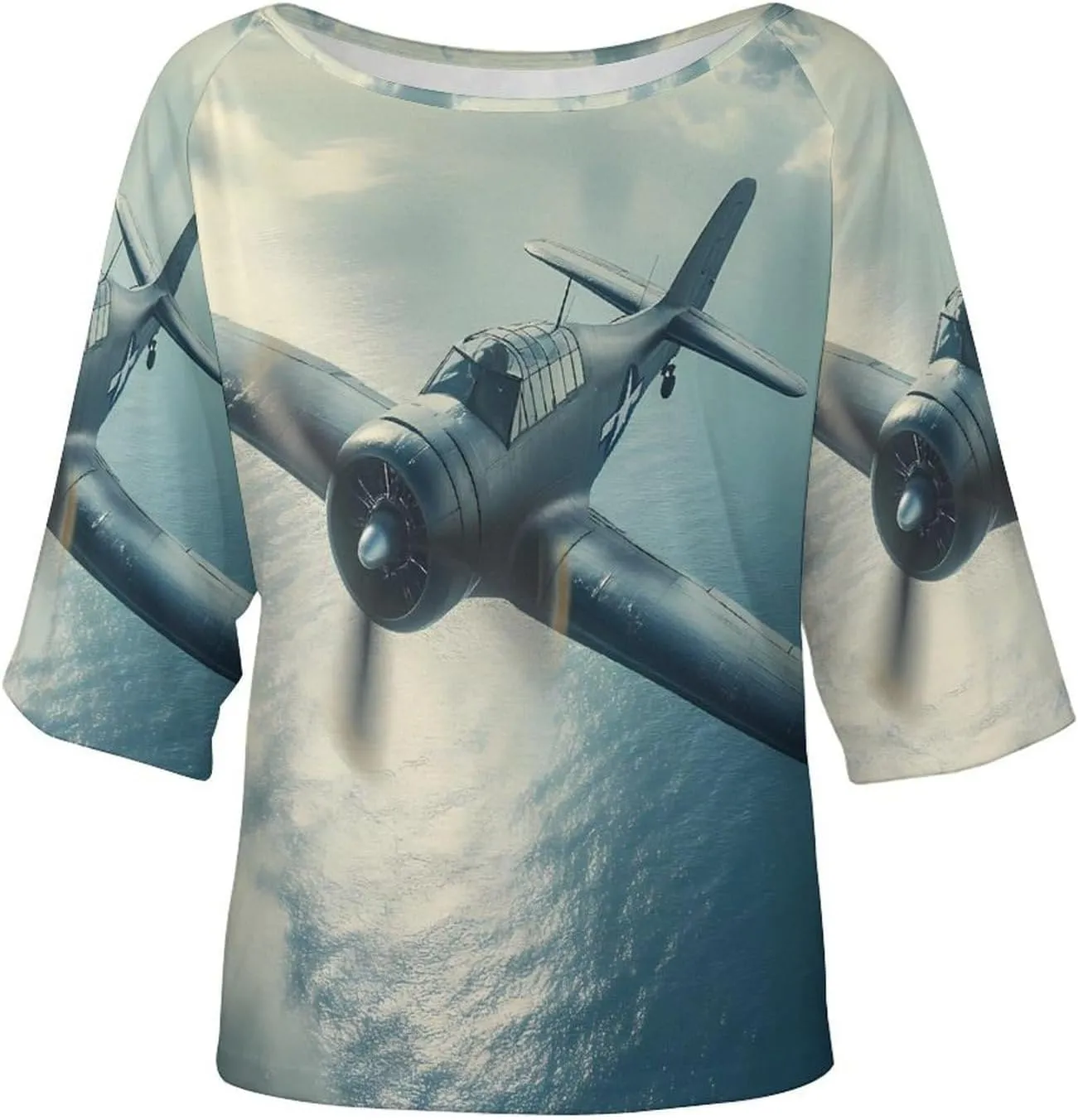 Airplane Aviation Women's Off Shoulder Tops Printed T Shirt Loose Blouse Shirt