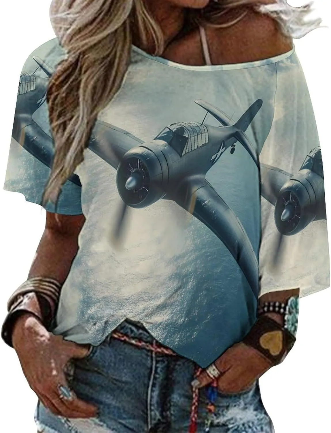 Airplane Aviation Women's Off Shoulder Tops Printed T Shirt Loose Blouse Shirt
