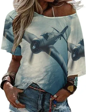 Airplane Aviation Women's Off Shoulder Tops Printed T Shirt Loose Blouse Shirt