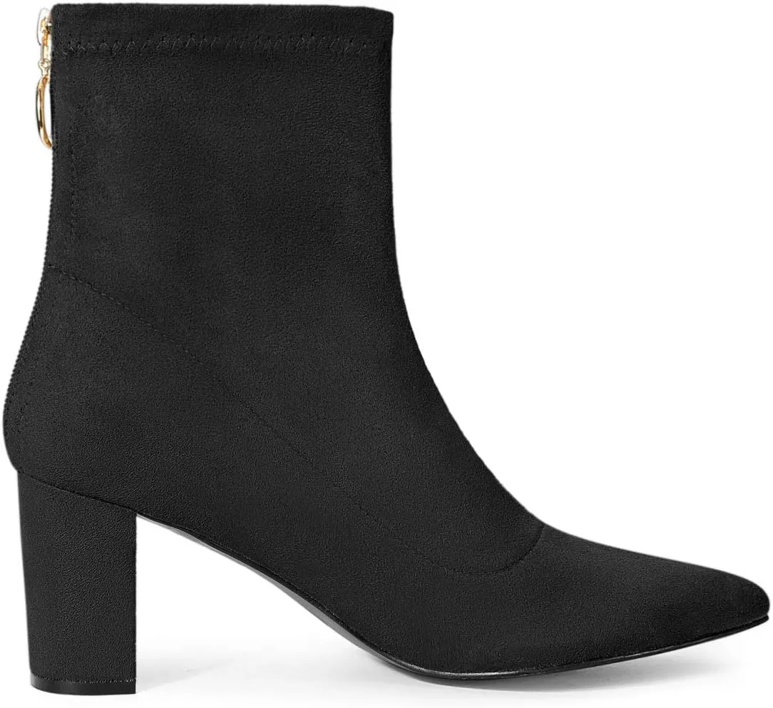 Allegra K Women's Pointed Toe Zipper Chunky Heels Ankle Boots