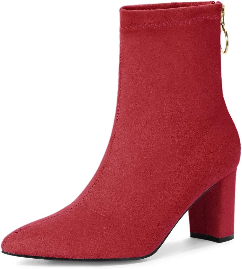 Allegra K Women's Pointed Toe Zipper Chunky Heels Ankle Boots