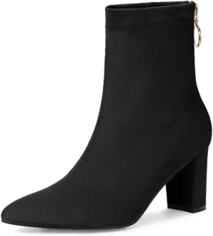 Allegra K Women's Pointed Toe Zipper Chunky Heels Ankle Boots