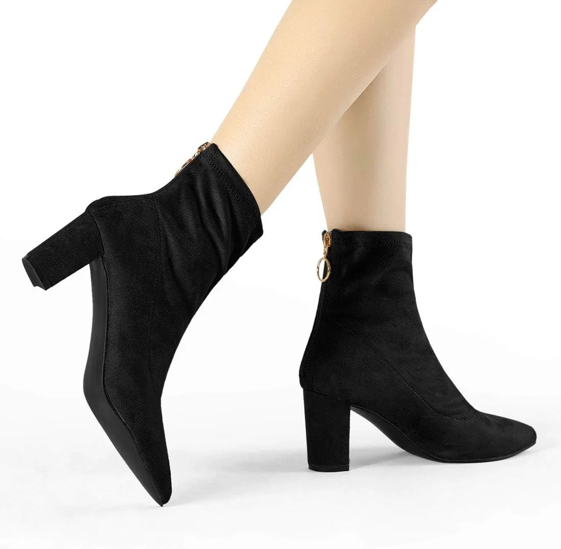 Allegra K Women's Pointed Toe Zipper Chunky Heels Ankle Boots