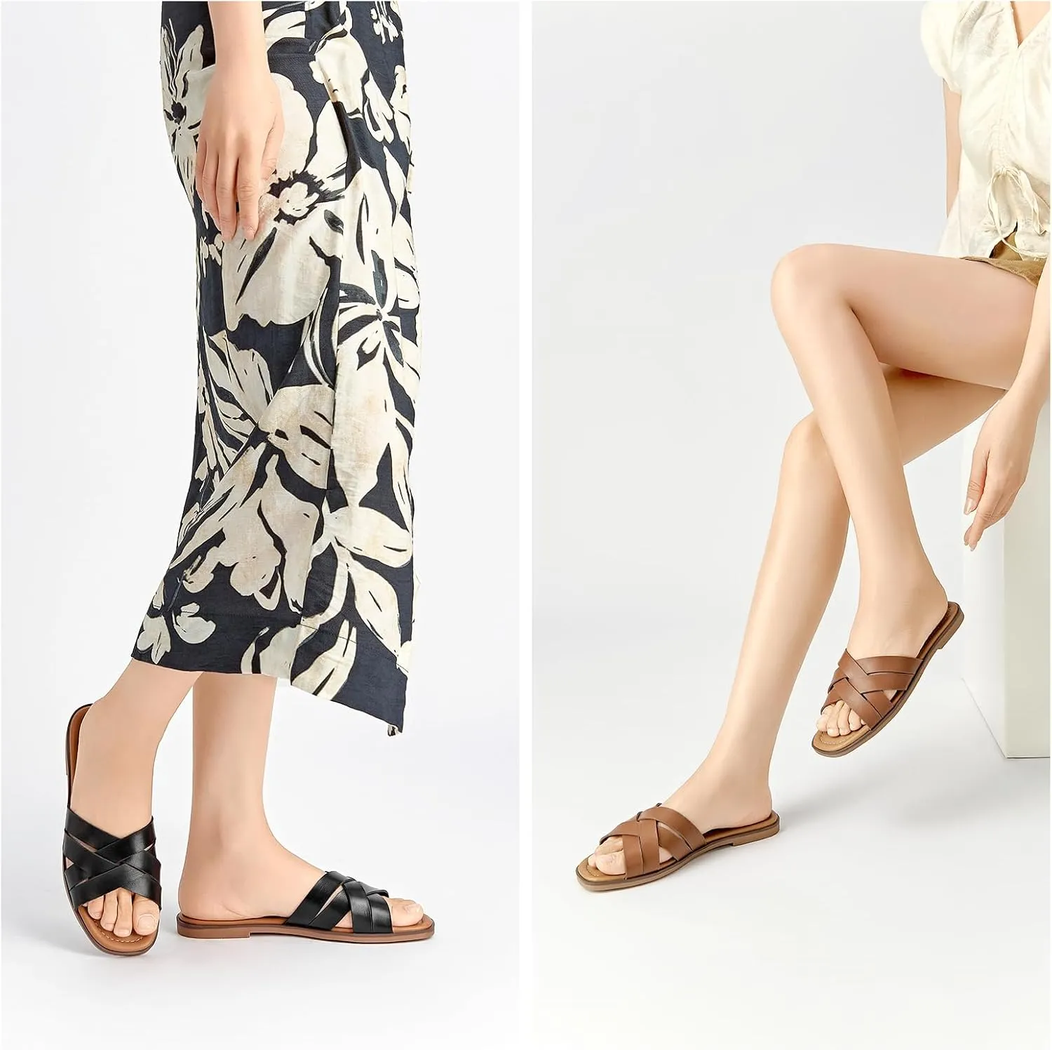 ALLOT Women's Flat Sandals Cross Straps Slides Slip On Open Toe Comfortable Summer Shoes