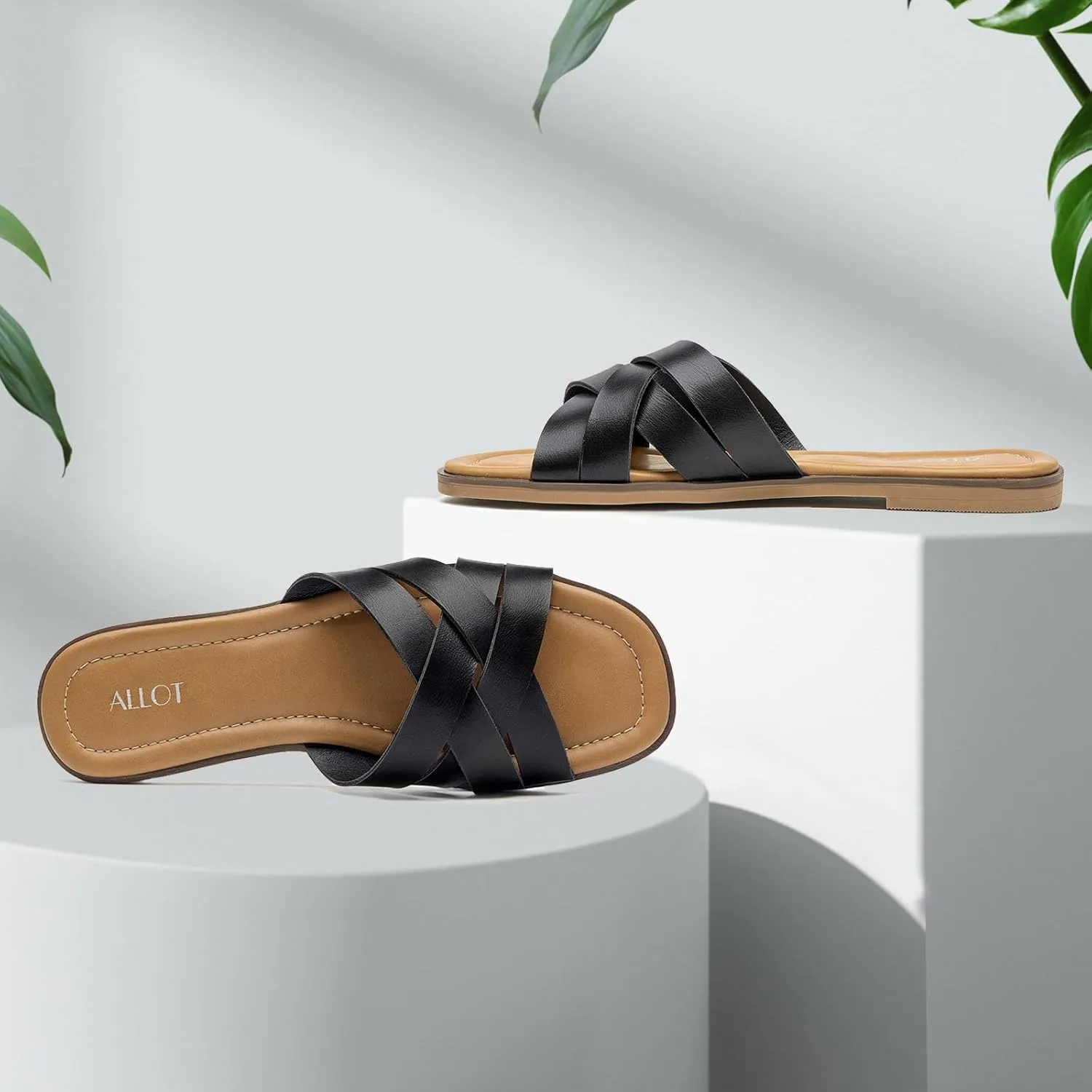 ALLOT Women's Flat Sandals Cross Straps Slides Slip On Open Toe Comfortable Summer Shoes