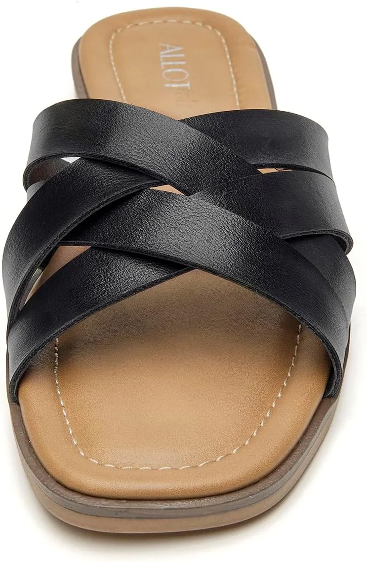 ALLOT Women's Flat Sandals Cross Straps Slides Slip On Open Toe Comfortable Summer Shoes