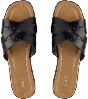 ALLOT Women's Flat Sandals Cross Straps Slides Slip On Open Toe Comfortable Summer Shoes