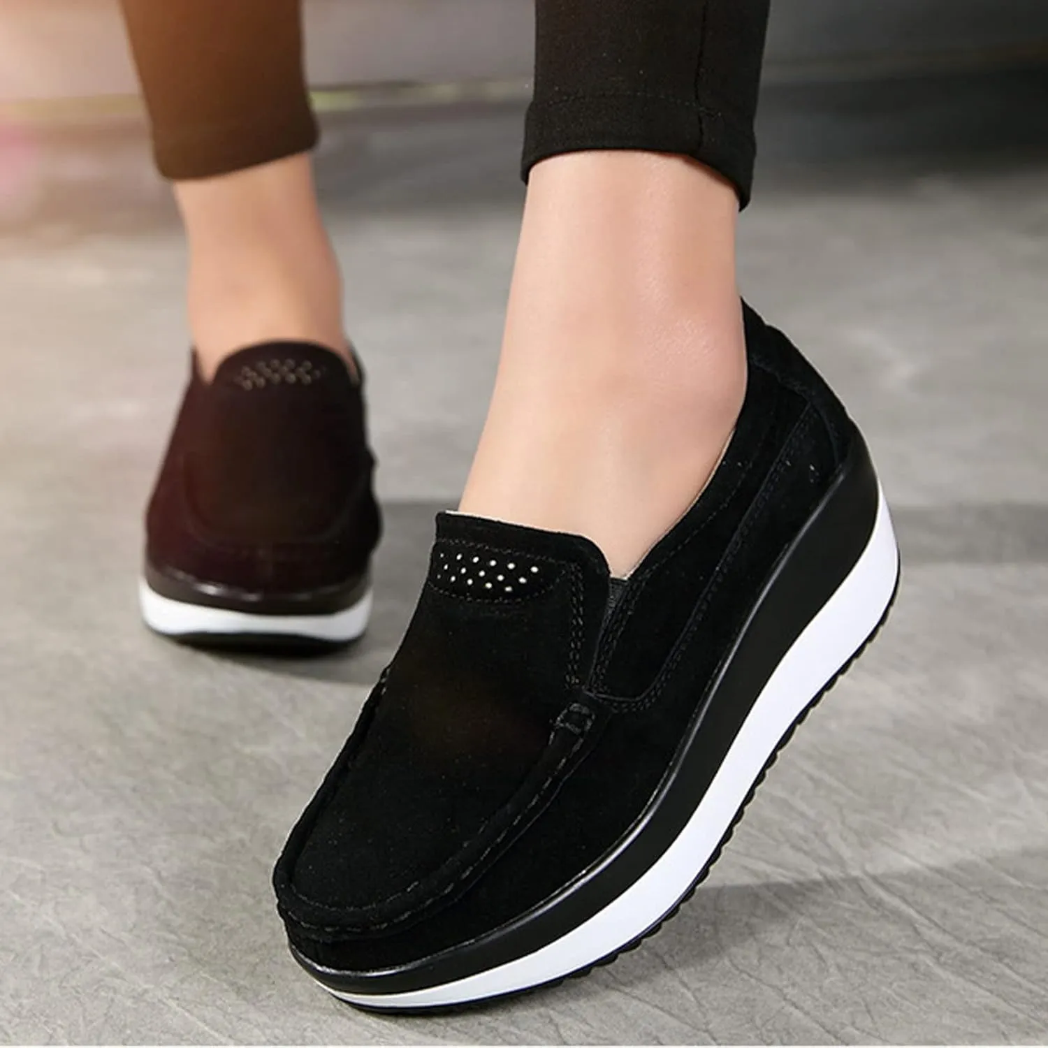 AngryMonkey Women's Winter Fashion Platform Sneakers High Hidden Heel Wedge Moccasin Slip-on Casual Non-Slip Suede Walking Shoes