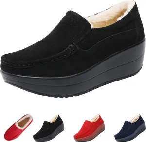 AngryMonkey Women's Winter Fashion Platform Sneakers High Hidden Heel Wedge Moccasin Slip-on Casual Non-Slip Suede Walking Shoes