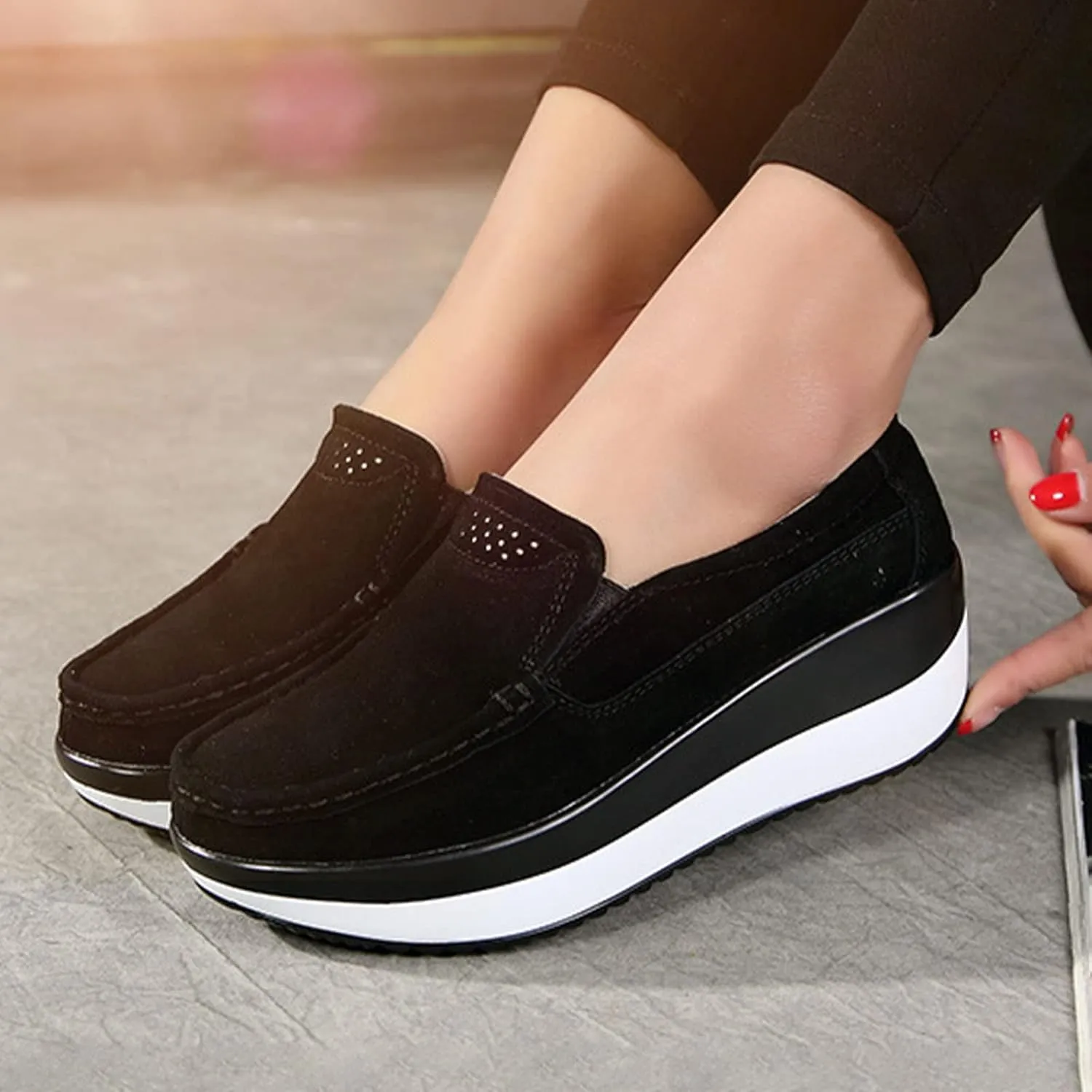 AngryMonkey Women's Winter Fashion Platform Sneakers High Hidden Heel Wedge Moccasin Slip-on Casual Non-Slip Suede Walking Shoes