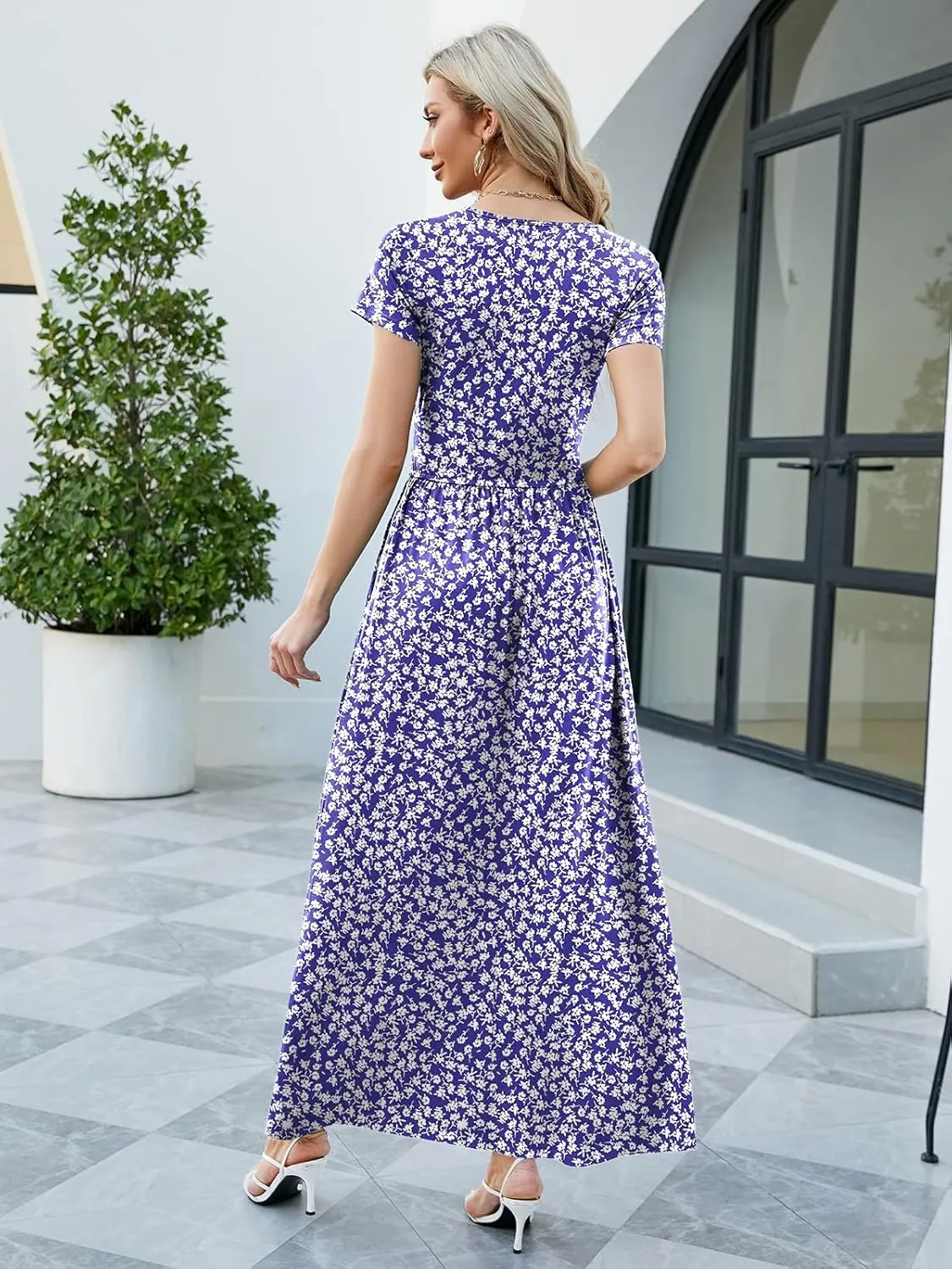ANRILITA Maxi Dress for Women Wrap V Neck Short Sleeve Empire Pleated Waist Summer Casual Elegant Long Dresses with Pockets
