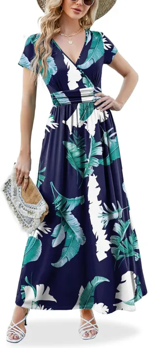 ANRILITA Maxi Dress for Women Wrap V Neck Short Sleeve Empire Pleated Waist Summer Casual Elegant Long Dresses with Pockets