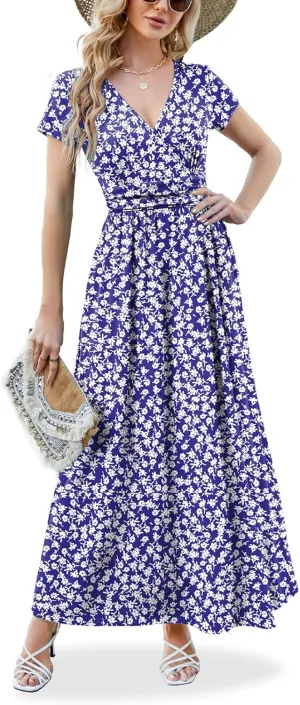 ANRILITA Maxi Dress for Women Wrap V Neck Short Sleeve Empire Pleated Waist Summer Casual Elegant Long Dresses with Pockets