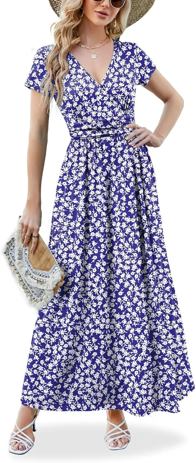 ANRILITA Maxi Dress for Women Wrap V Neck Short Sleeve Empire Pleated Waist Summer Casual Elegant Long Dresses with Pockets