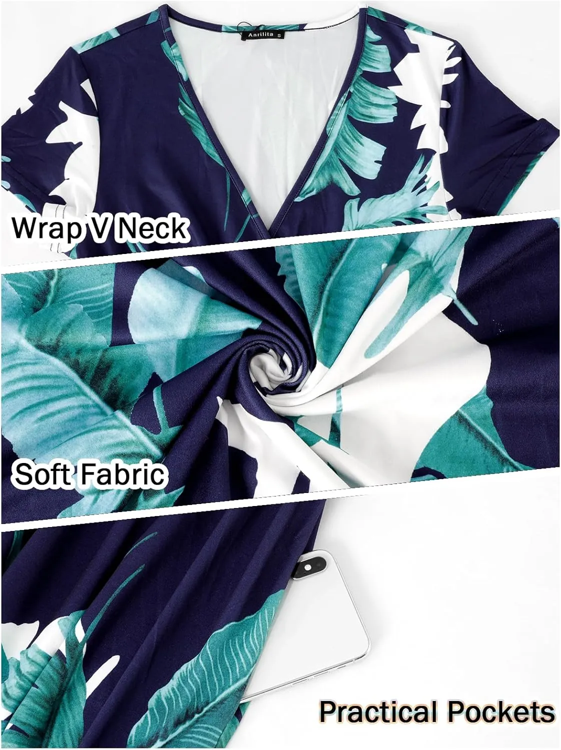 ANRILITA Maxi Dress for Women Wrap V Neck Short Sleeve Empire Pleated Waist Summer Casual Elegant Long Dresses with Pockets