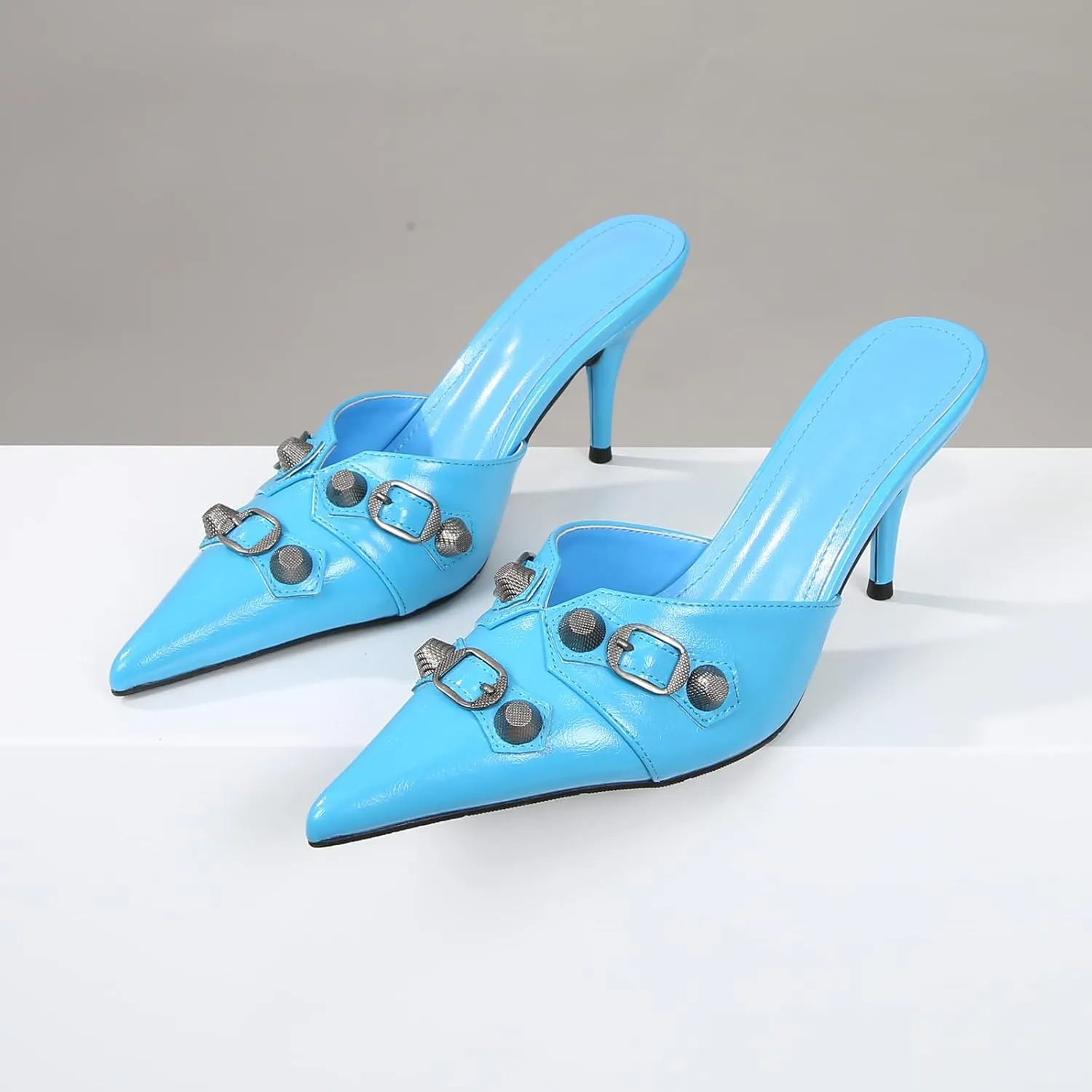 Arqa Heel Mules for Women,Rivet Studded 3.9 Inch Stiletto Heel Slippers