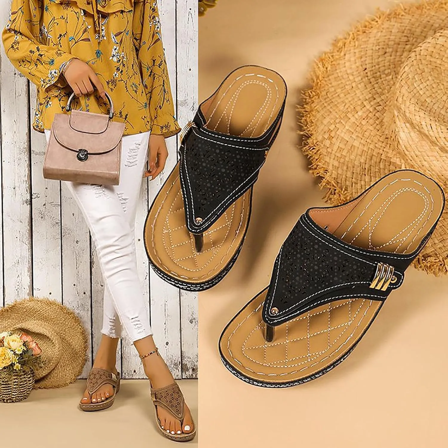 Avylays Orthopedic Sandals for Women Breathable Mesh Hollow Sport Sandals Wedge Heel Flip Flops Summer Casual Slides