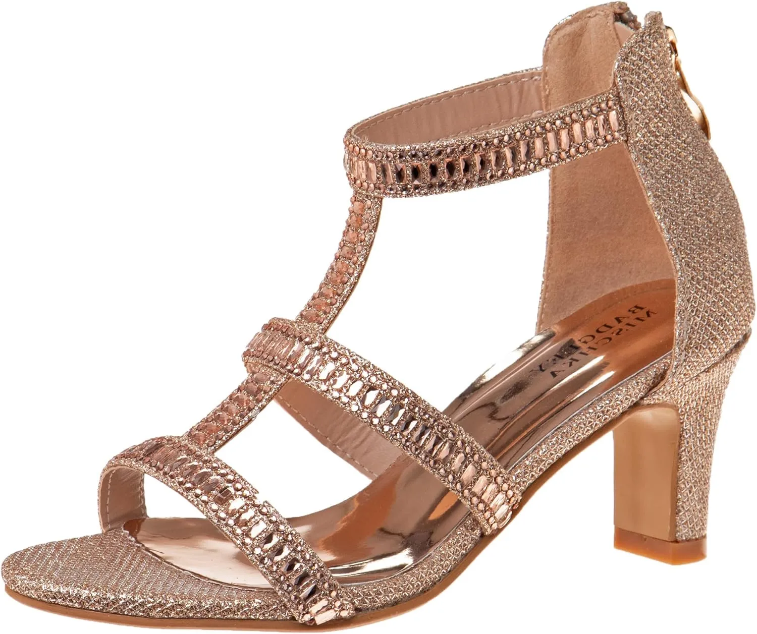 Badgley Mischka Girls Michelle Rhinestone Dress Pump Open toe Sandal - Gold/Rose/White/Silver (Little/Big kid)