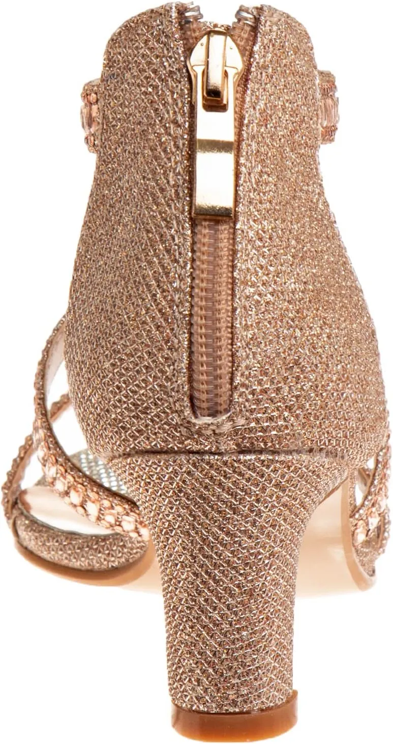 Badgley Mischka Girls Michelle Rhinestone Dress Pump Open toe Sandal - Gold/Rose/White/Silver (Little/Big kid)