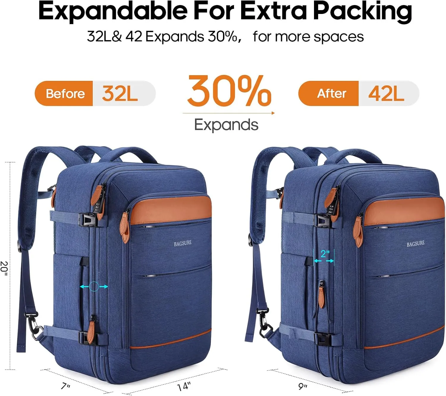 Bagsure Travel Backpack, 42L Carry on Luggage, Flight Approved Expandable Backpack, Laptop Backpack