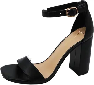 BAMBOO Women's Single Band Chunky Heel Sandal with Ankle Strap, Black White Stripe Fabric