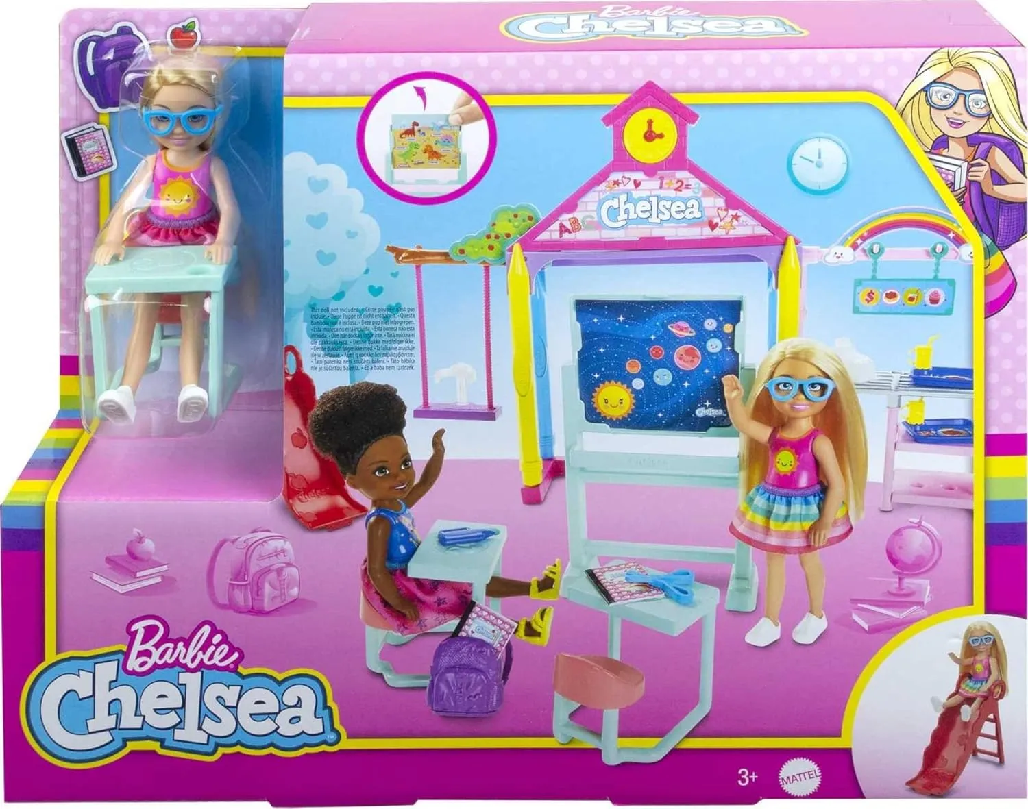 Barbie Club Chelsea School Playset with Blonde Small Doll & Classroom Accessories, Flipping Blackboard, Cafeteria, Desks & More