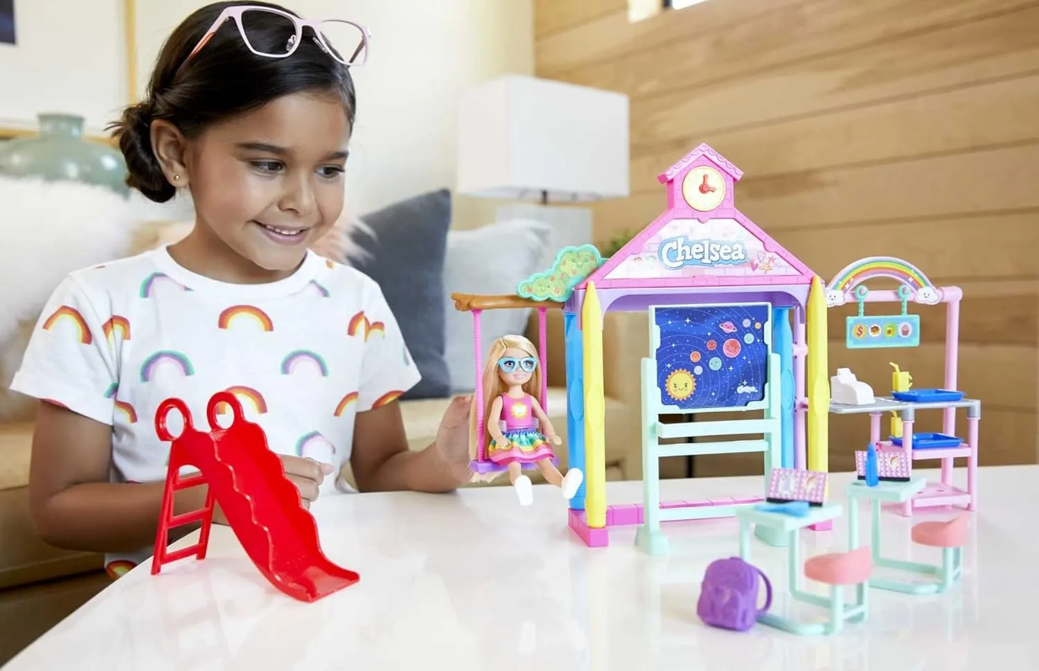 Barbie Club Chelsea School Playset with Blonde Small Doll & Classroom Accessories, Flipping Blackboard, Cafeteria, Desks & More