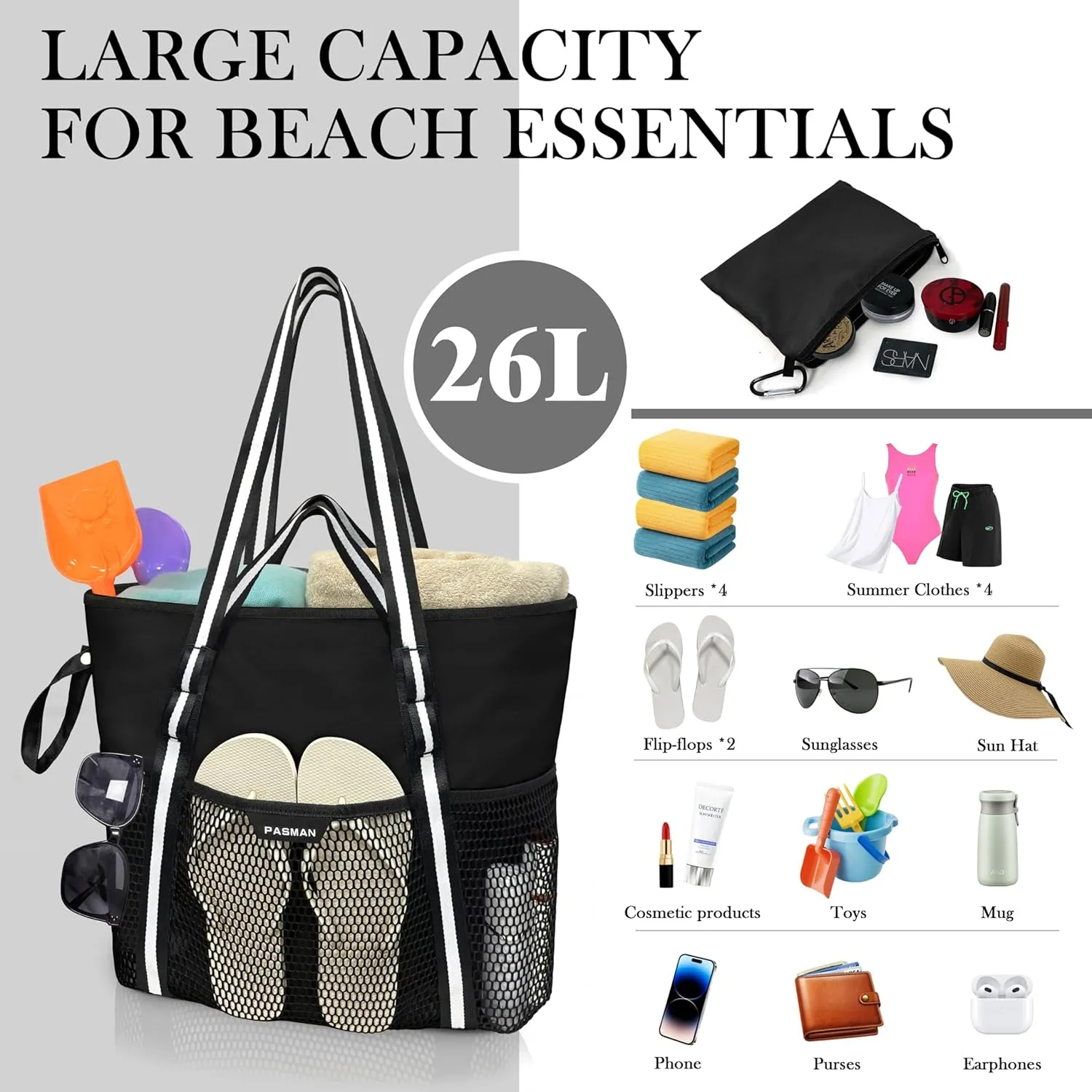 Beach Bag with Zipper - 8 Pockets Sandproof Beach Tote Bag for Women,Foldable Lightweight Family Swim Bag Vacation