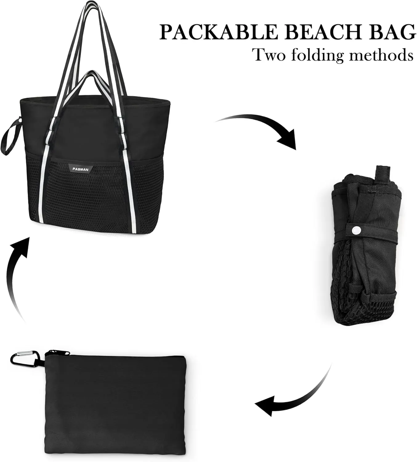 Beach Bag with Zipper - 8 Pockets Sandproof Beach Tote Bag for Women,Foldable Lightweight Family Swim Bag Vacation