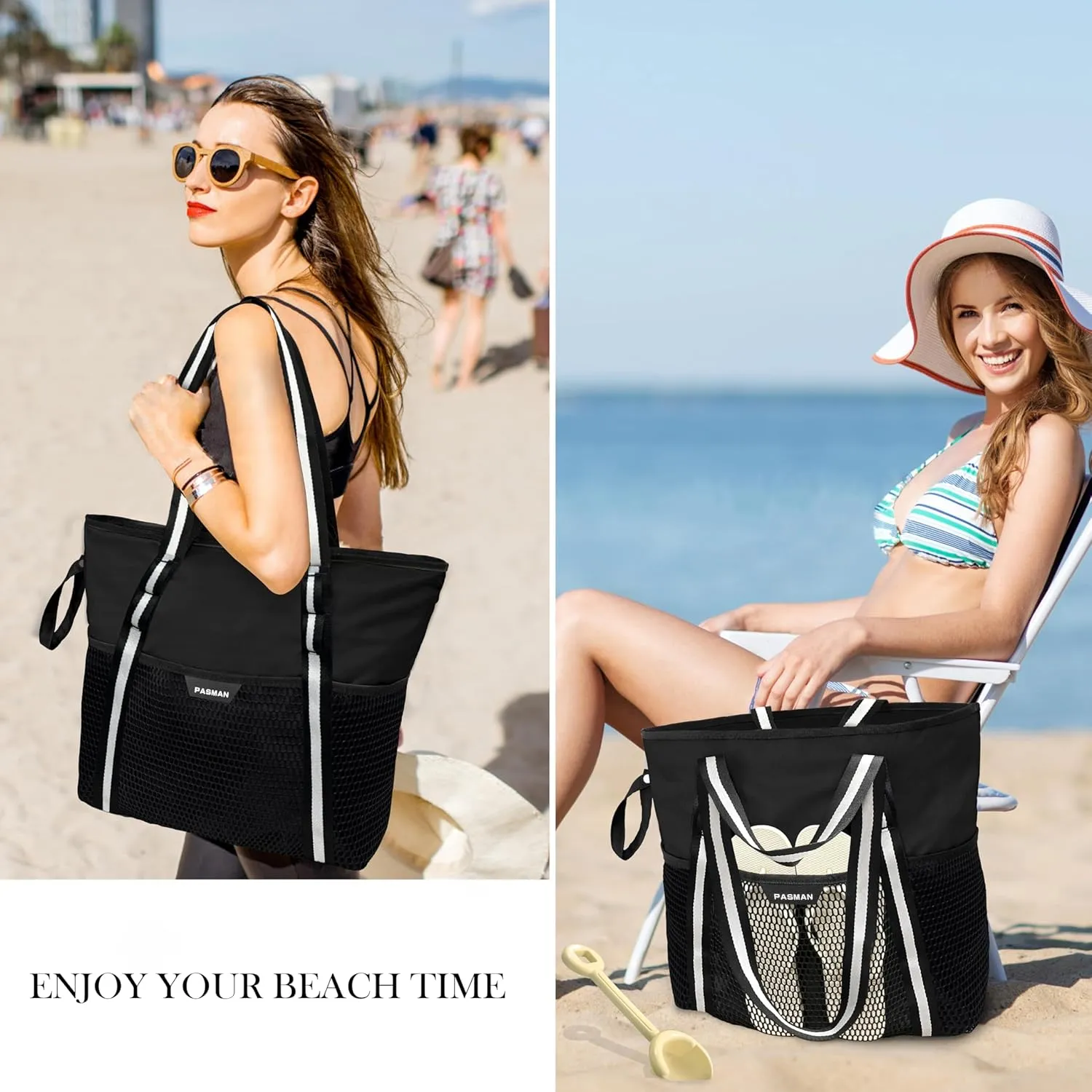 Beach Bag with Zipper - 8 Pockets Sandproof Beach Tote Bag for Women,Foldable Lightweight Family Swim Bag Vacation