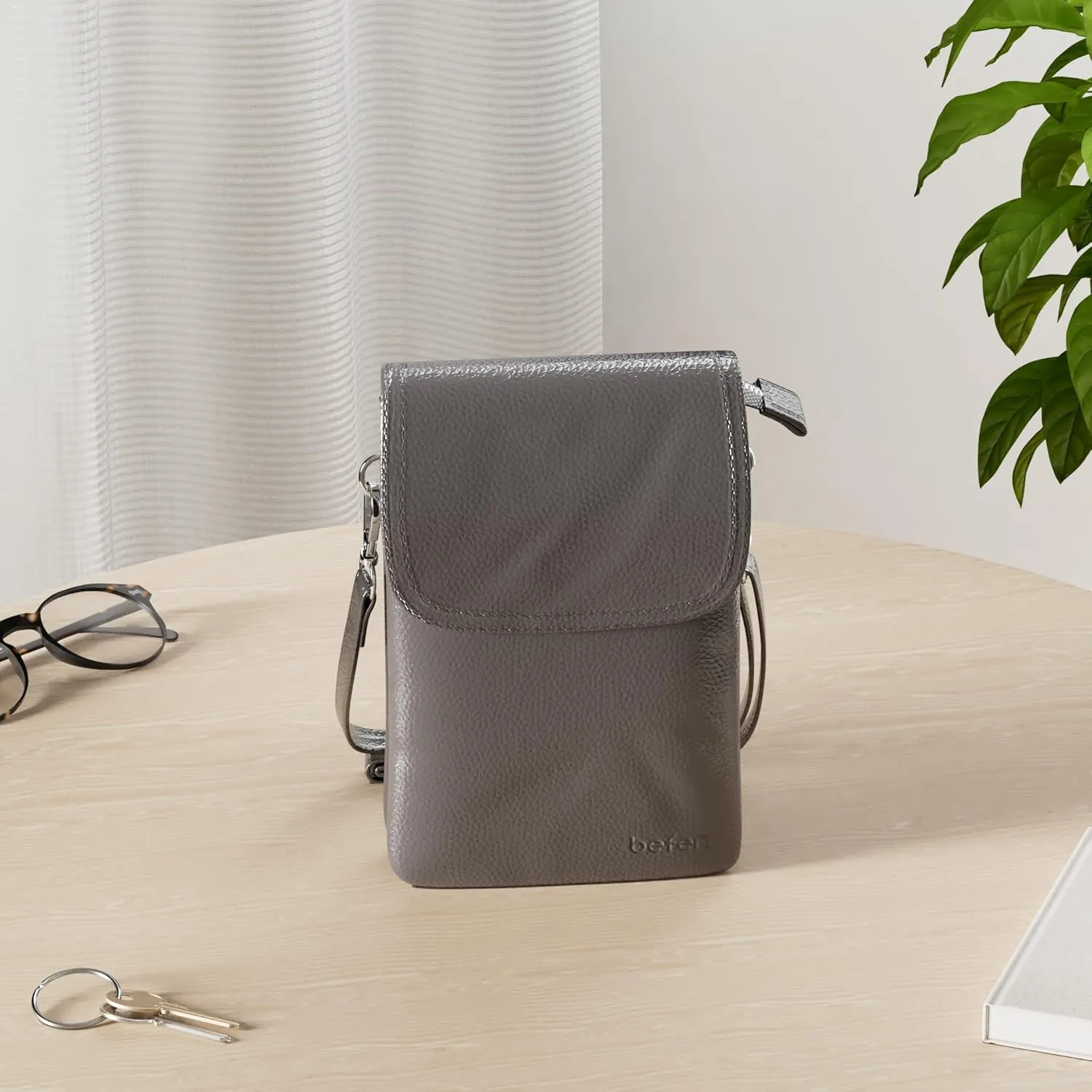 befen Genuine Leather Small Crossbody Bags for Women Cell Phone Bag Cross Body Purses,Silver Zipper