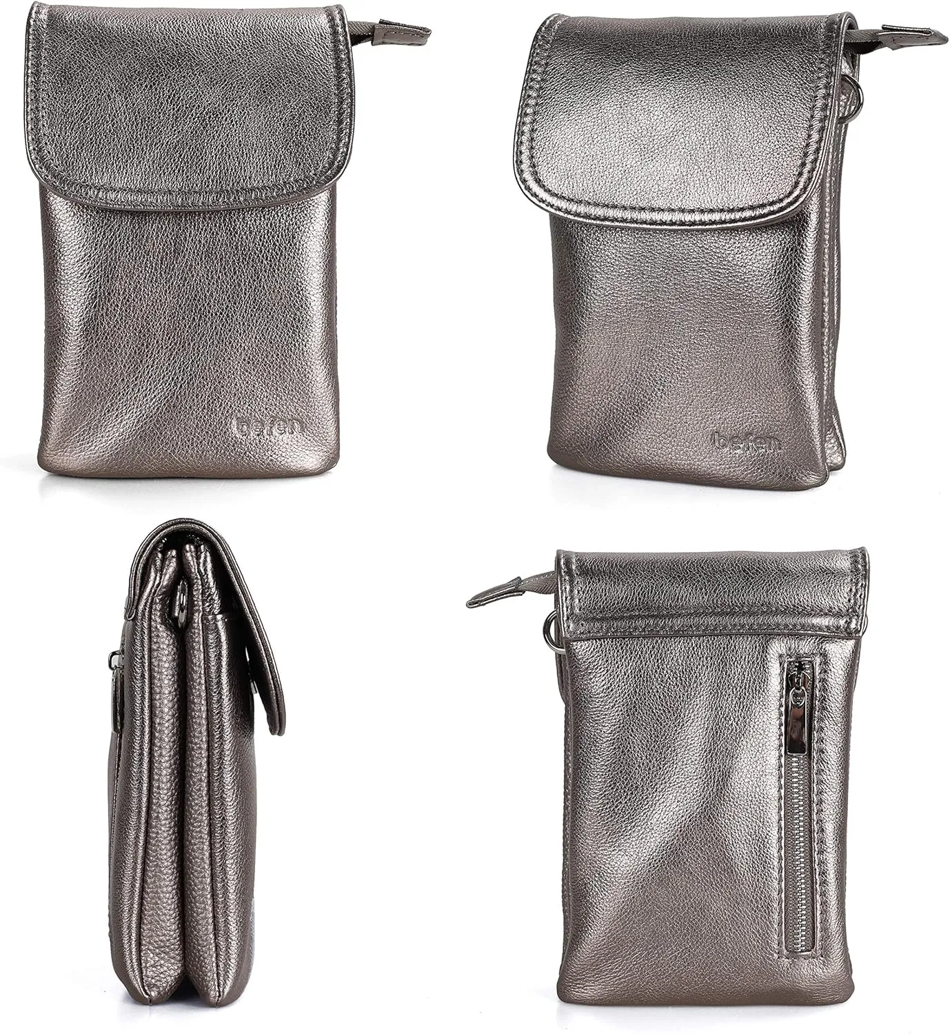 befen Genuine Leather Small Crossbody Bags for Women Cell Phone Bag Cross Body Purses,Silver Zipper