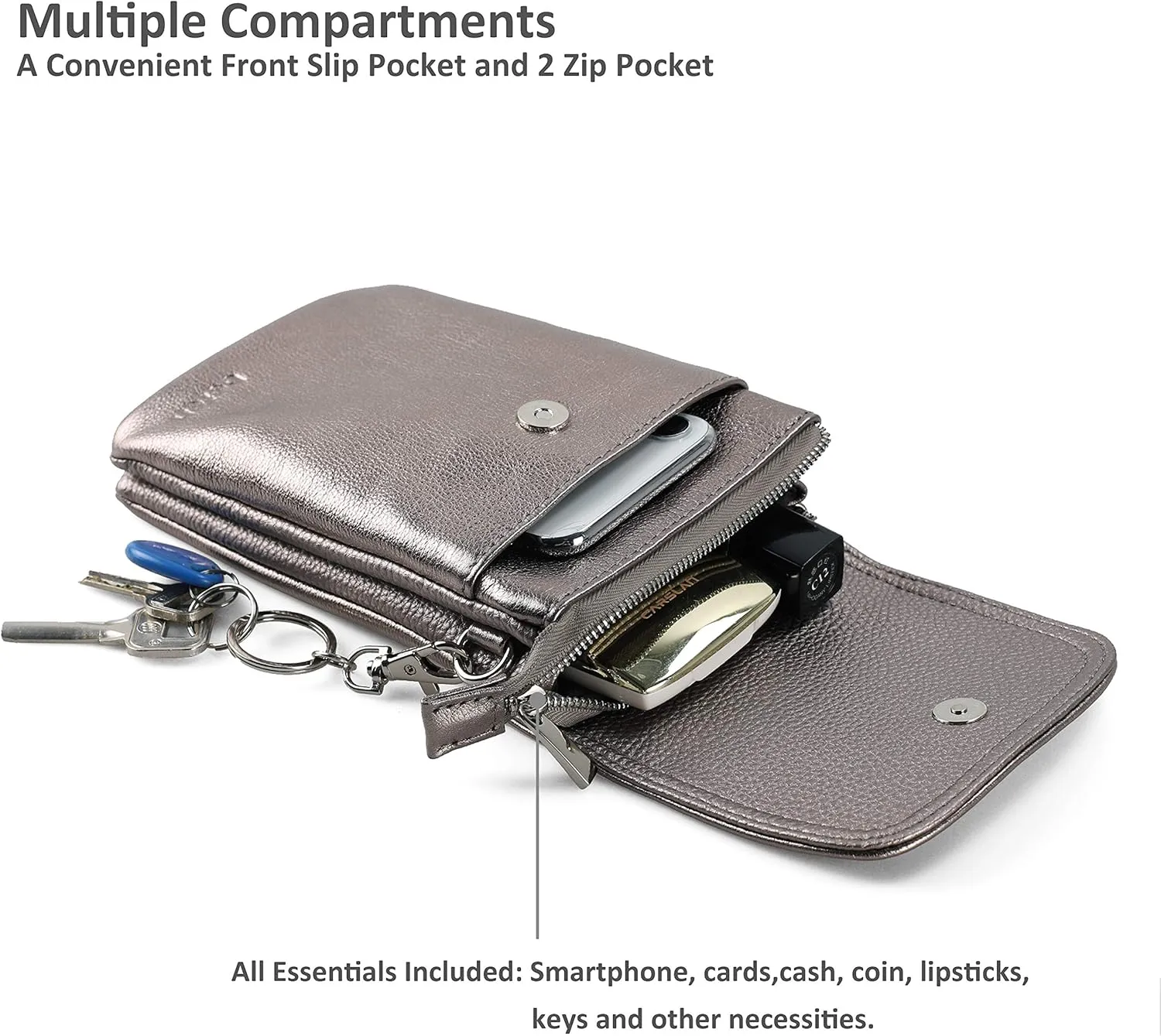 befen Genuine Leather Small Crossbody Bags for Women Cell Phone Bag Cross Body Purses,Silver Zipper