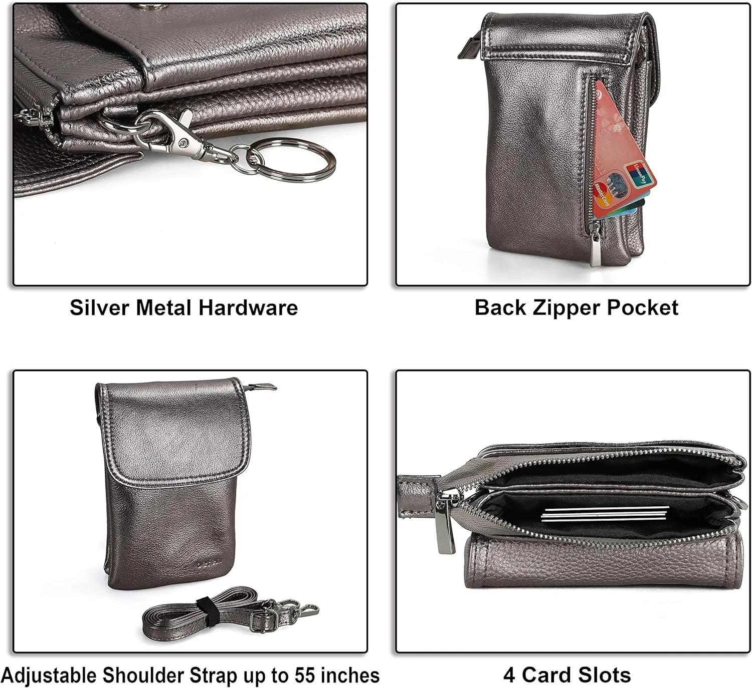 befen Genuine Leather Small Crossbody Bags for Women Cell Phone Bag Cross Body Purses,Silver Zipper