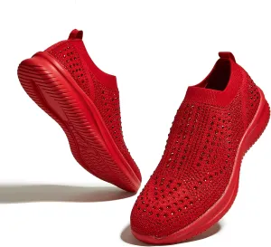 BELOS Women's Rhinestone Mesh Slip On Walking Shoes Fashion Breathable Spakle Glitter Sneaker