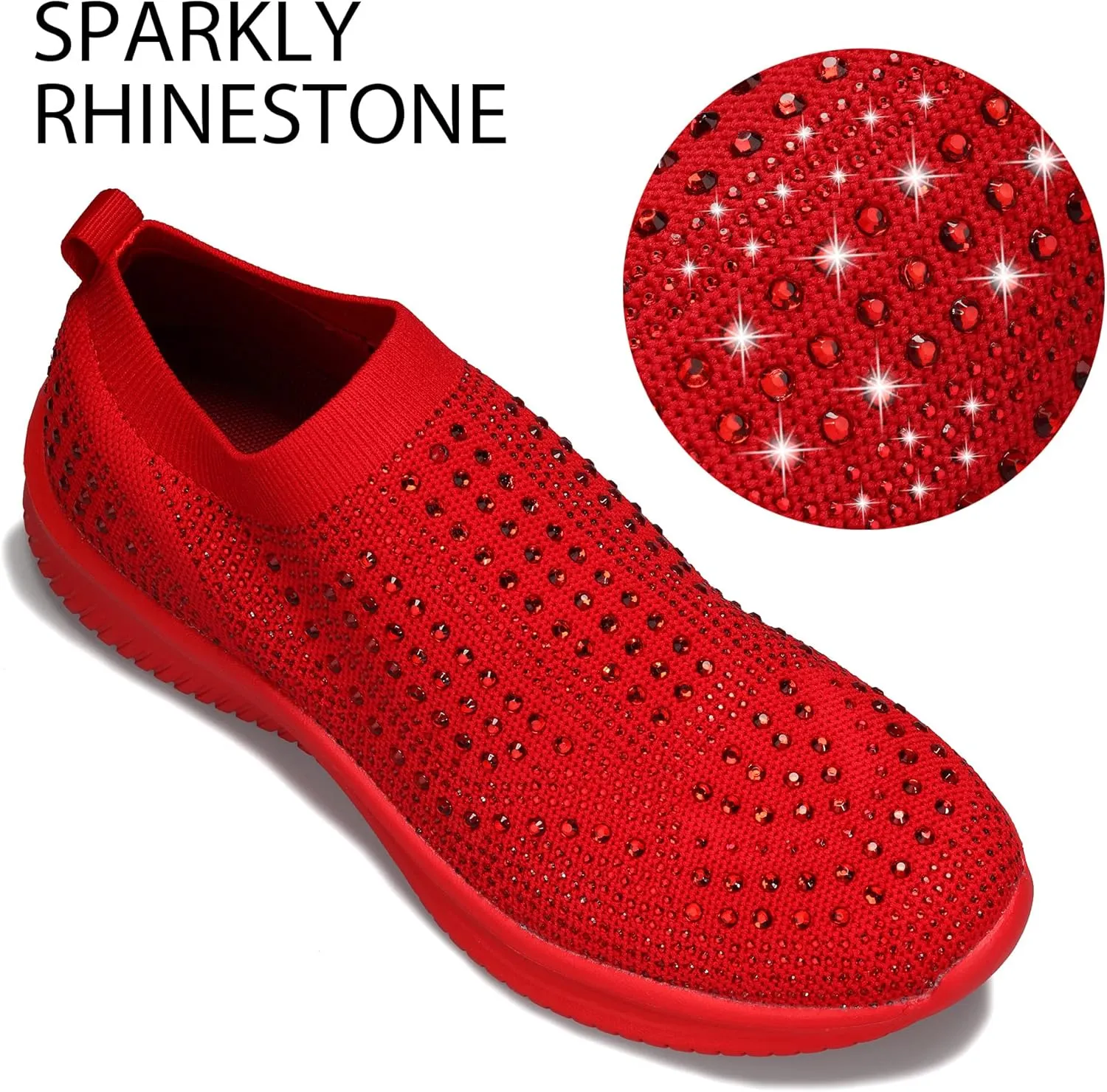 BELOS Women's Rhinestone Mesh Slip On Walking Shoes Fashion Breathable Spakle Glitter Sneaker