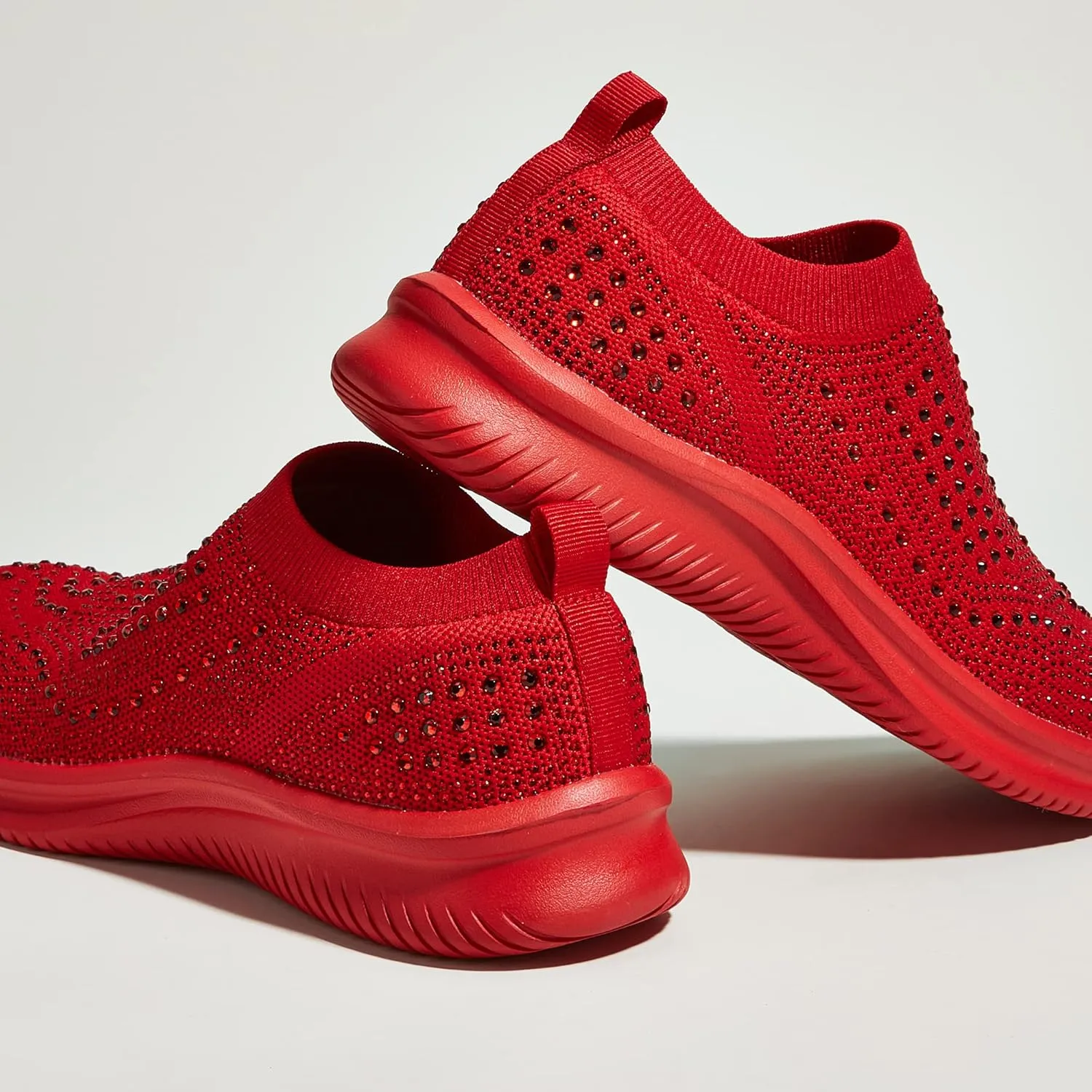 BELOS Women's Rhinestone Mesh Slip On Walking Shoes Fashion Breathable Spakle Glitter Sneaker