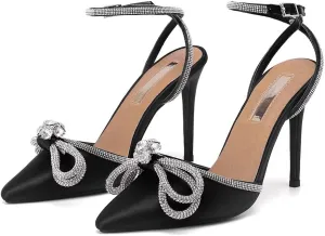 Bieosnli Women's Satin Lace Up High Heel Sandals Ankle Buckle Straps Pump Rhinestone Strip Bowknot Pointed Toe Stiletto Sandals
