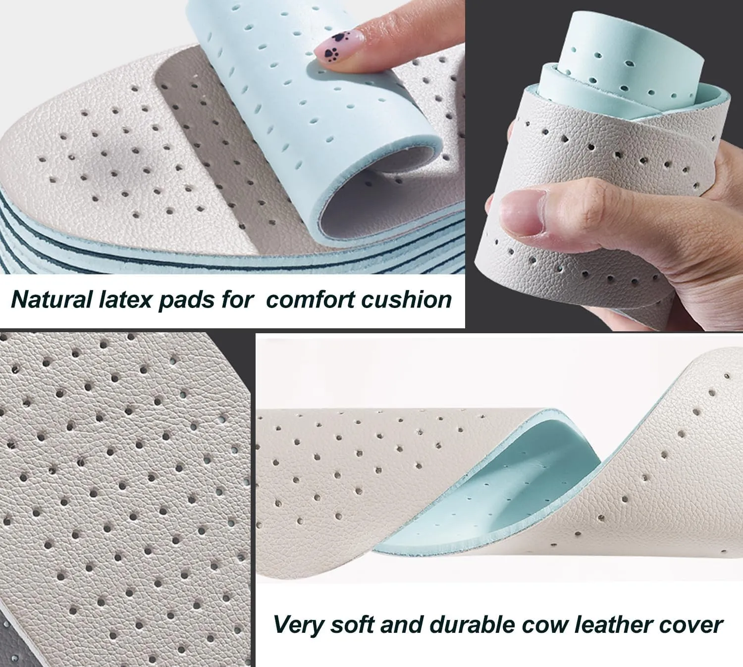 Black White Thin Leather Shoe Inserts for Men Dress Shoes Sneakers and Boots Breathable Cowhide Leather Shoe Inserts with Holes for Odor Eater, 2 Pack