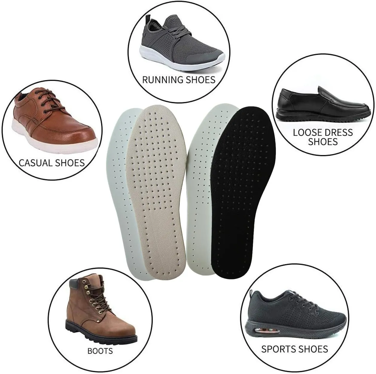 Black White Thin Leather Shoe Inserts for Men Dress Shoes Sneakers and Boots Breathable Cowhide Leather Shoe Inserts with Holes for Odor Eater, 2 Pack