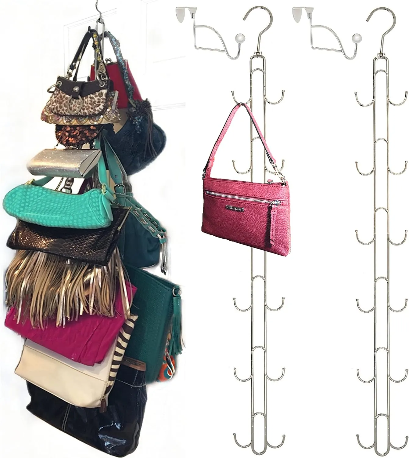 Boottique 2-Pk Over Door Hanging Purse Storage - Durable, Holds 50 POUNDS, ROTATES 360 for Easy Access; Purses, Handbags, Satchels, Crossovers, Backpacks,12 Hooks, Chrome (Set of 2)…