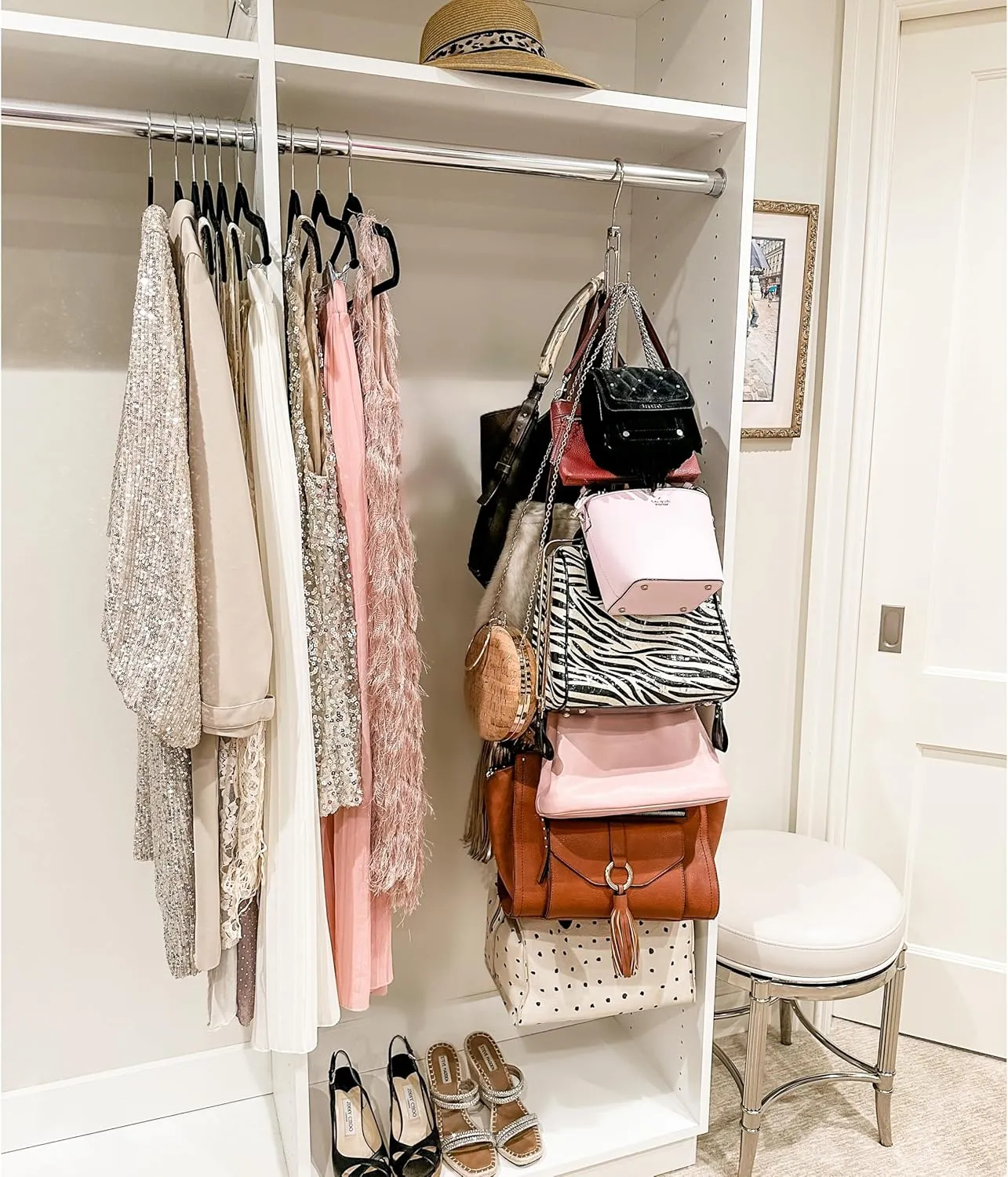 Boottique 2-Pk Over Door Hanging Purse Storage - Durable, Holds 50 POUNDS, ROTATES 360 for Easy Access; Purses, Handbags, Satchels, Crossovers, Backpacks,12 Hooks, Chrome (Set of 2)…