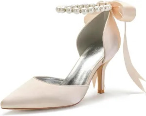 Bridal Pointed Toe 8CM Sandal High Heels Closed Toe Stiletto Women's Satin Wedding Shoes Beaded Bowknot Strap Pump Elegant Formal